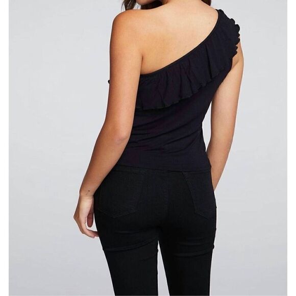 Chaser One Shoulder Ruffle Top In True Black NEW - Picture 2 of 6